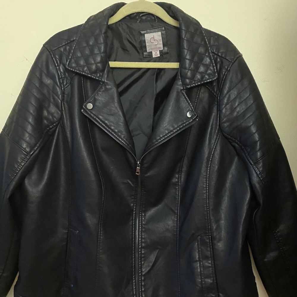Black polyester and cotton “leather” jacket